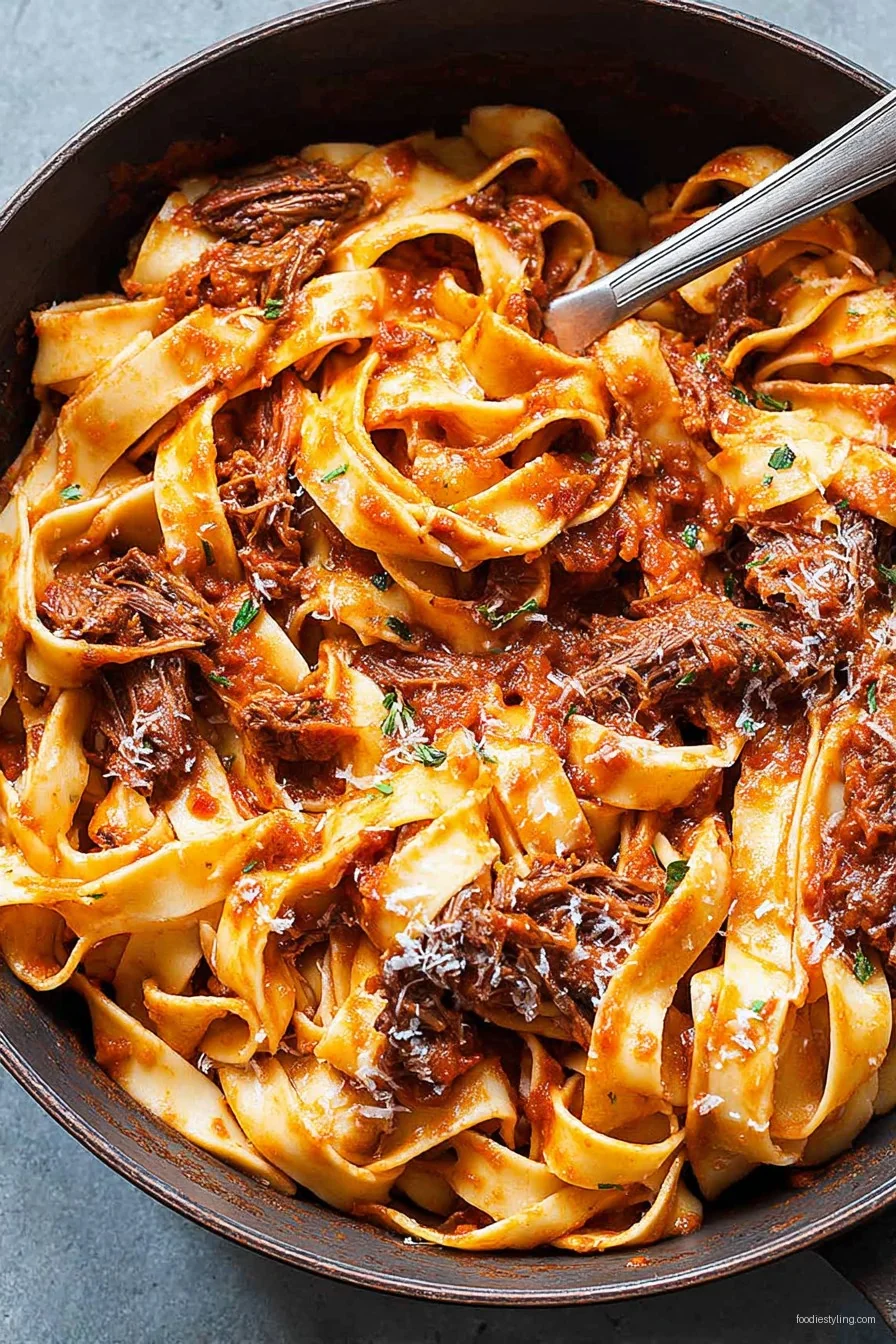 Fork-tender short rib ragu heaped over wide pappardelle pasta, garnished with fresh parsley and parmesan