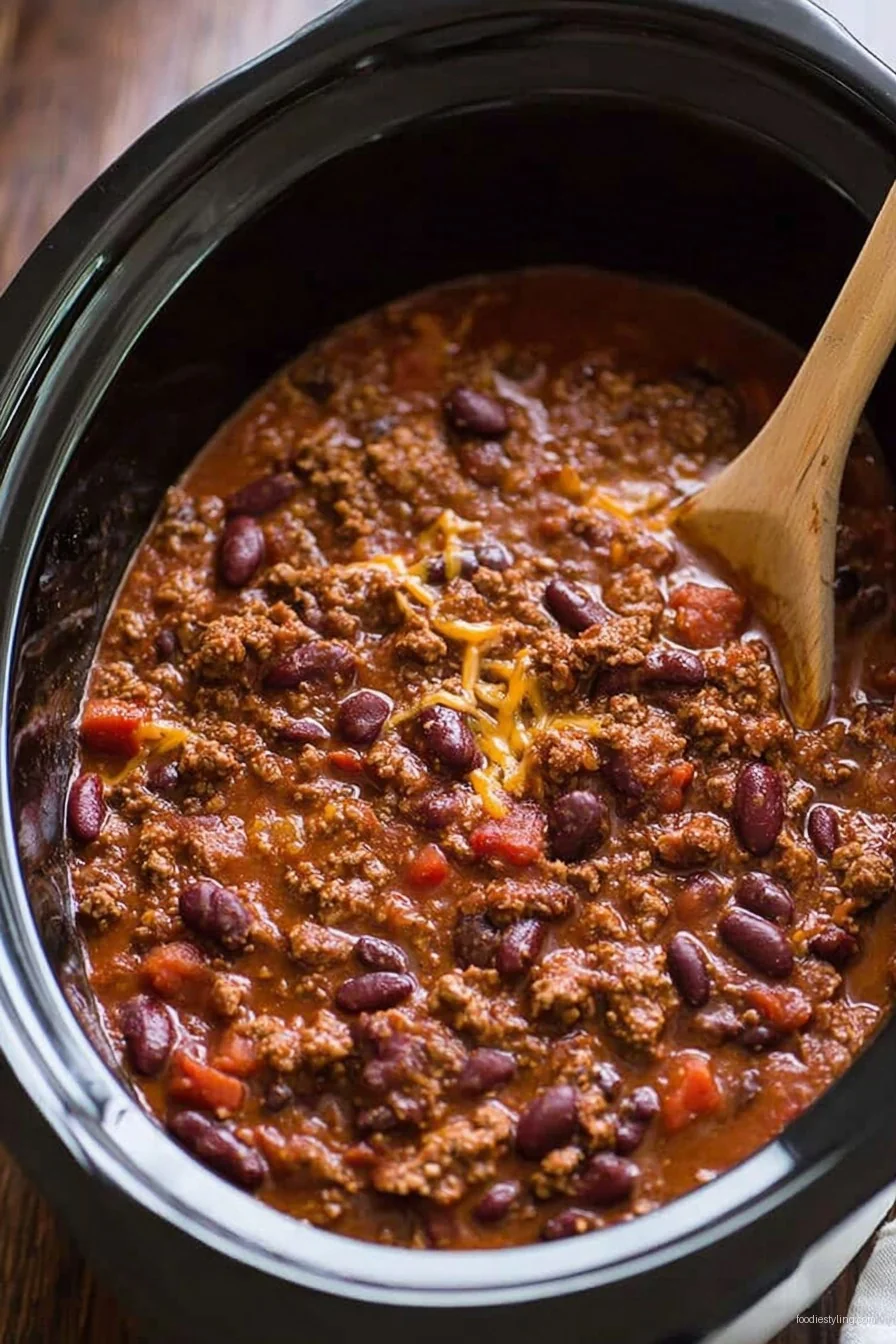 A big, inviting bowl of Slow Cooker Chili topped with cheese and green onions