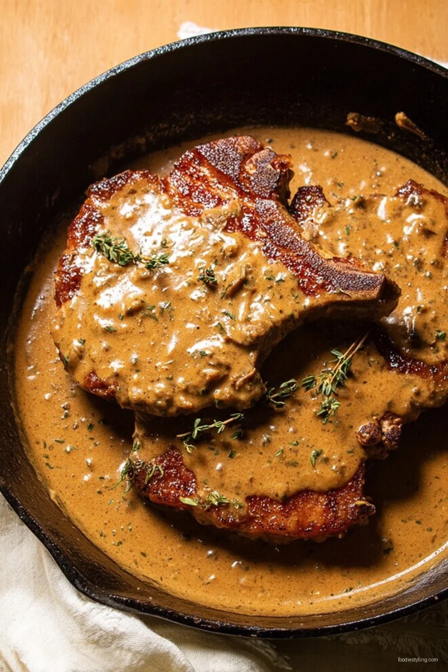 Tender Southern Smothered Pork Chops in a Skillet