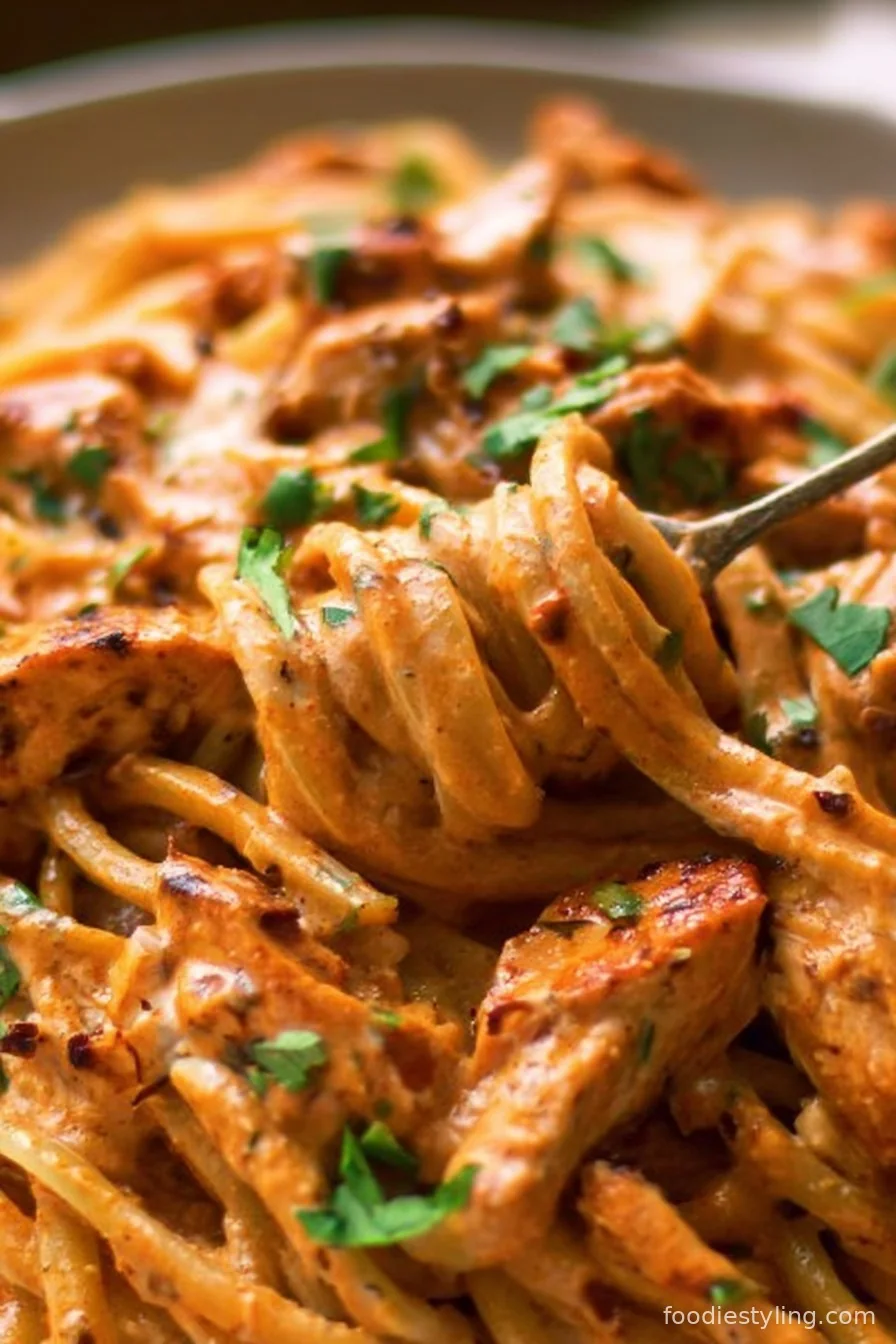 A bowl of Spicy Chicken Pasta topped with fresh parsley and chili flakes