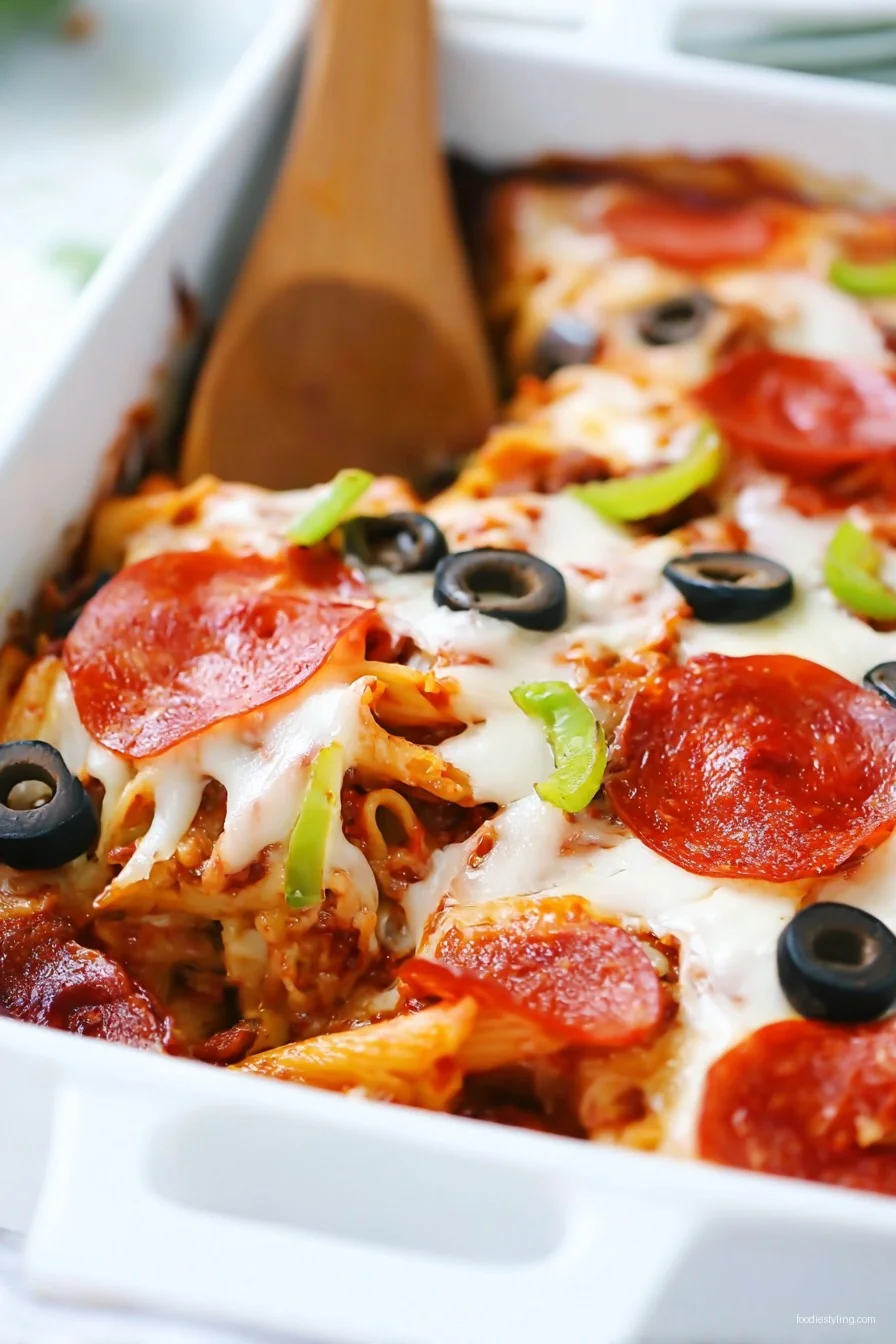 Supreme Pizza Casserole baked in a pan with bubbling cheese and pepperoni slices