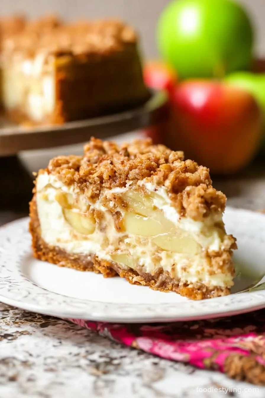 Apple pie cheesecake with caramel drizzle and apple slices