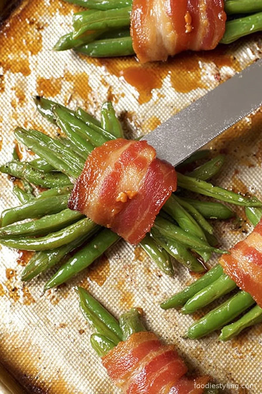 Bacon-Wrapped Green Beans on a serving platter, glistening with sweet glaze