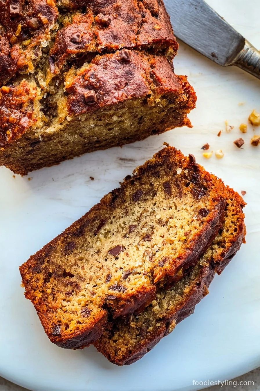Freshly baked banana bread loaf on a rustic wooden board