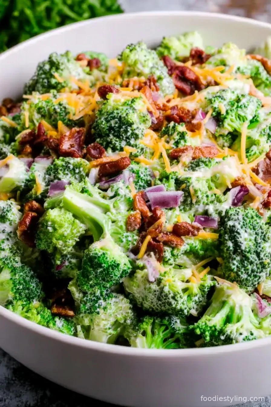 A vibrant bowl of broccoli salad bursting with bacon, cranberries, and sunflower seeds