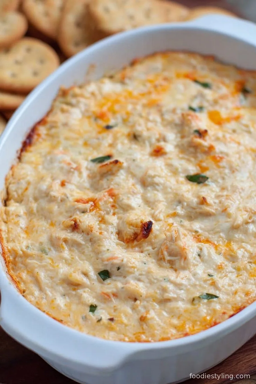 A creamy, bubbling Cheesy Hot Crab Dip fresh from the oven, served with crackers and veggies
