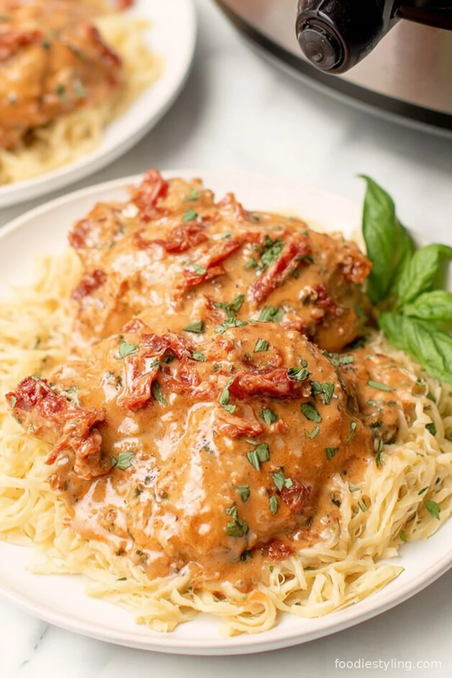 A luscious plate of Crockpot Marry Me Chicken topped with sun-dried tomatoes and fresh basil
