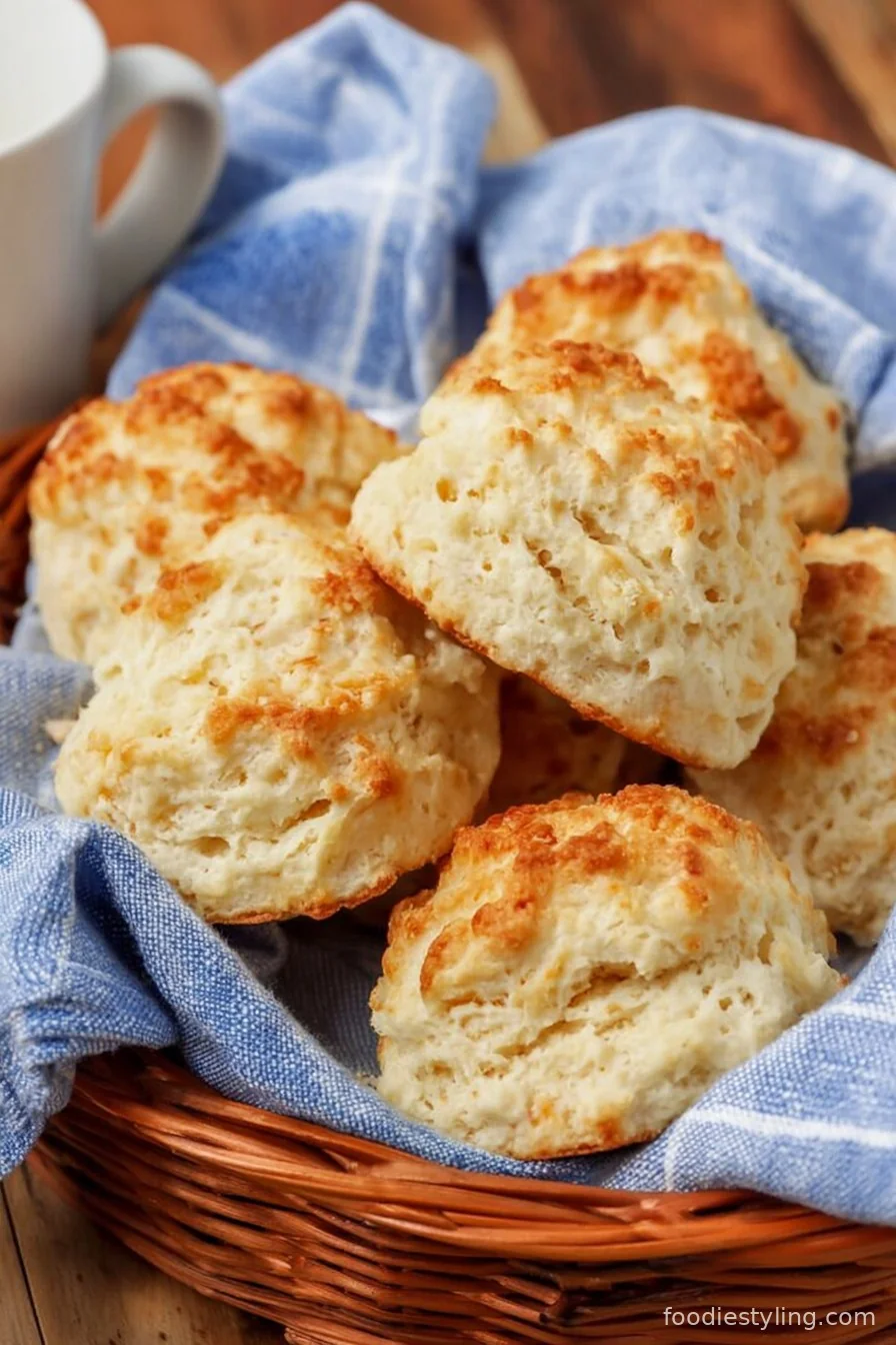 A stack of golden, fluffy Easy Drop Biscuits, fresh from the oven