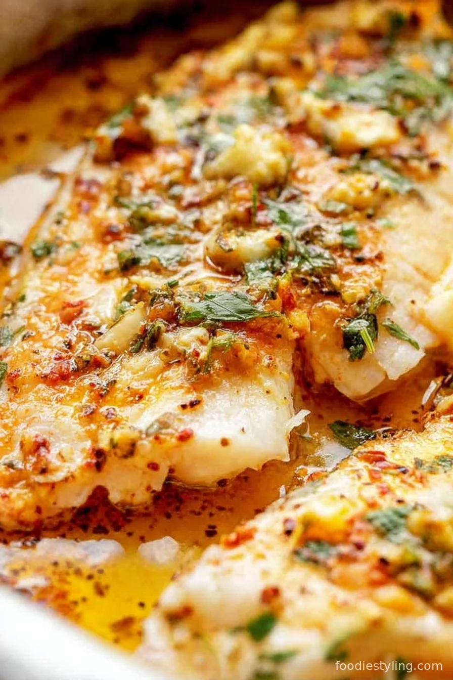 Juicy tilapia fillets baked in savory garlic butter sauce, garnished with parsley and lemon slices