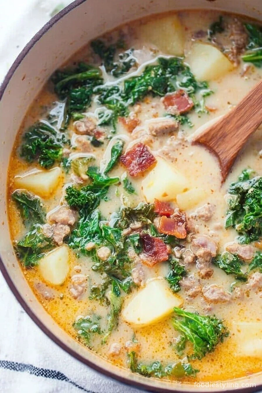 A steaming bowl of Healthy Zuppa Toscana, garnished with fresh kale and a sprinkle of red pepper flakes