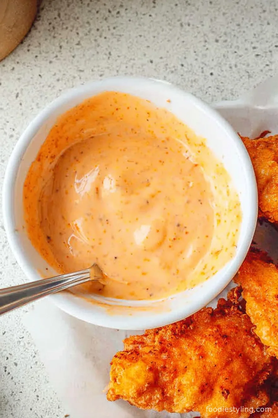 Mouthwatering crispy chicken tenders and homemade Caneâ€™s sauce, served on a platter alongside fries and coleslaw