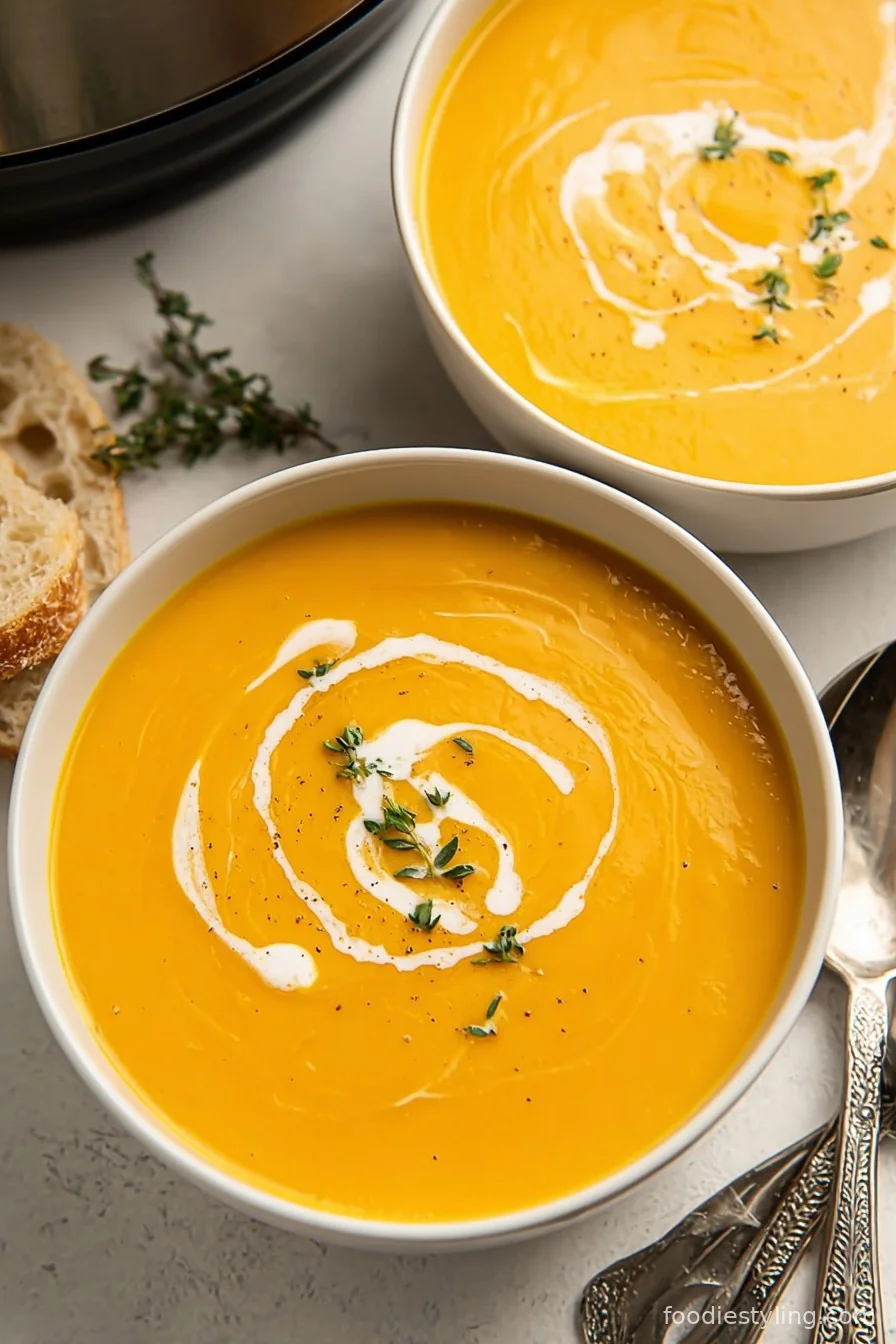 Creamy bowl of butternut squash soup topped with coconut cream and pepitas