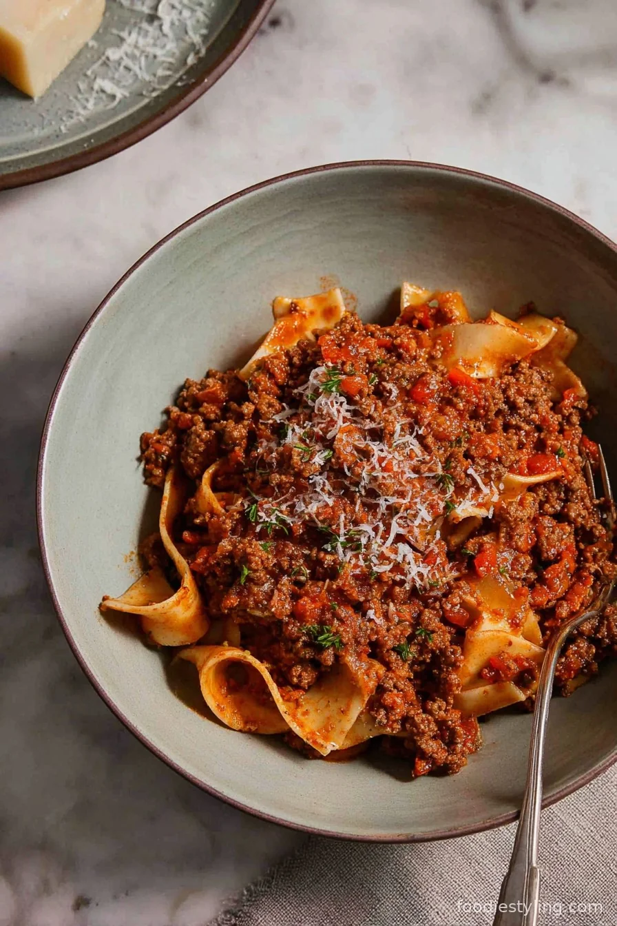 Marcella Hazanâ€™s Bolognese Sauce served over tagliatelle with parmesan