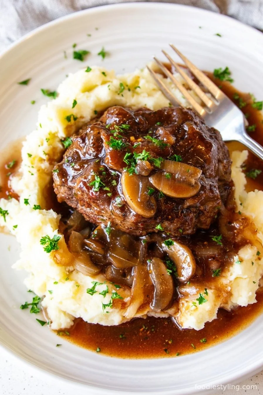 Salisbury Steak plated with mashed potatoes and gravy
