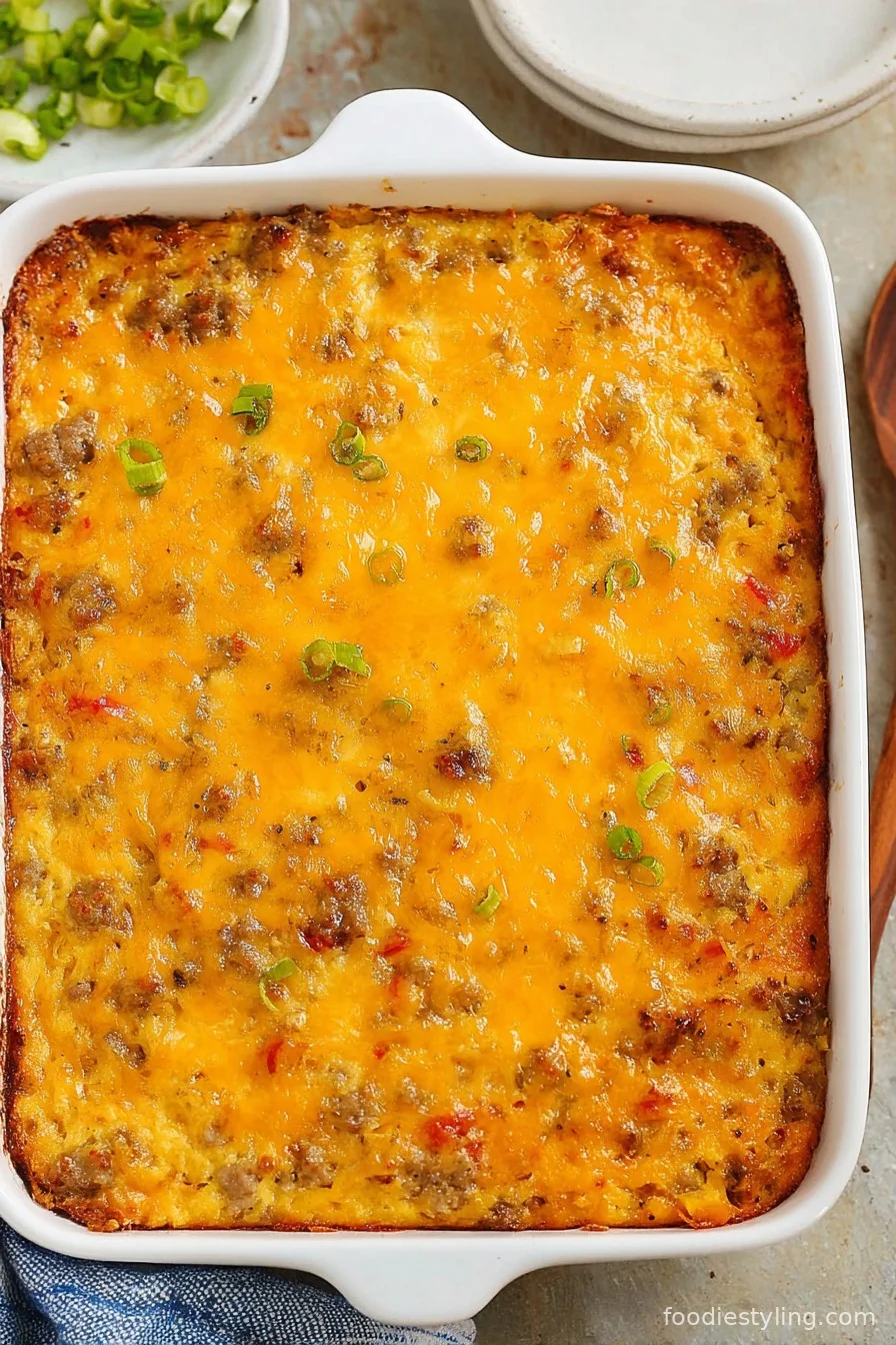 Golden, cheesy casserole slice ready to serve
