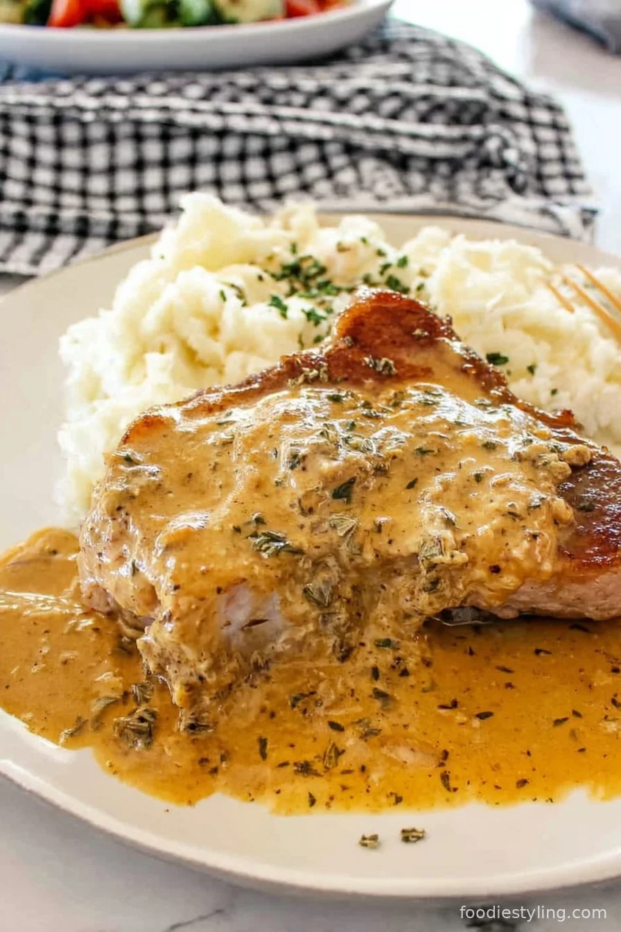 Juicy smothered pork chops with golden onion gravy