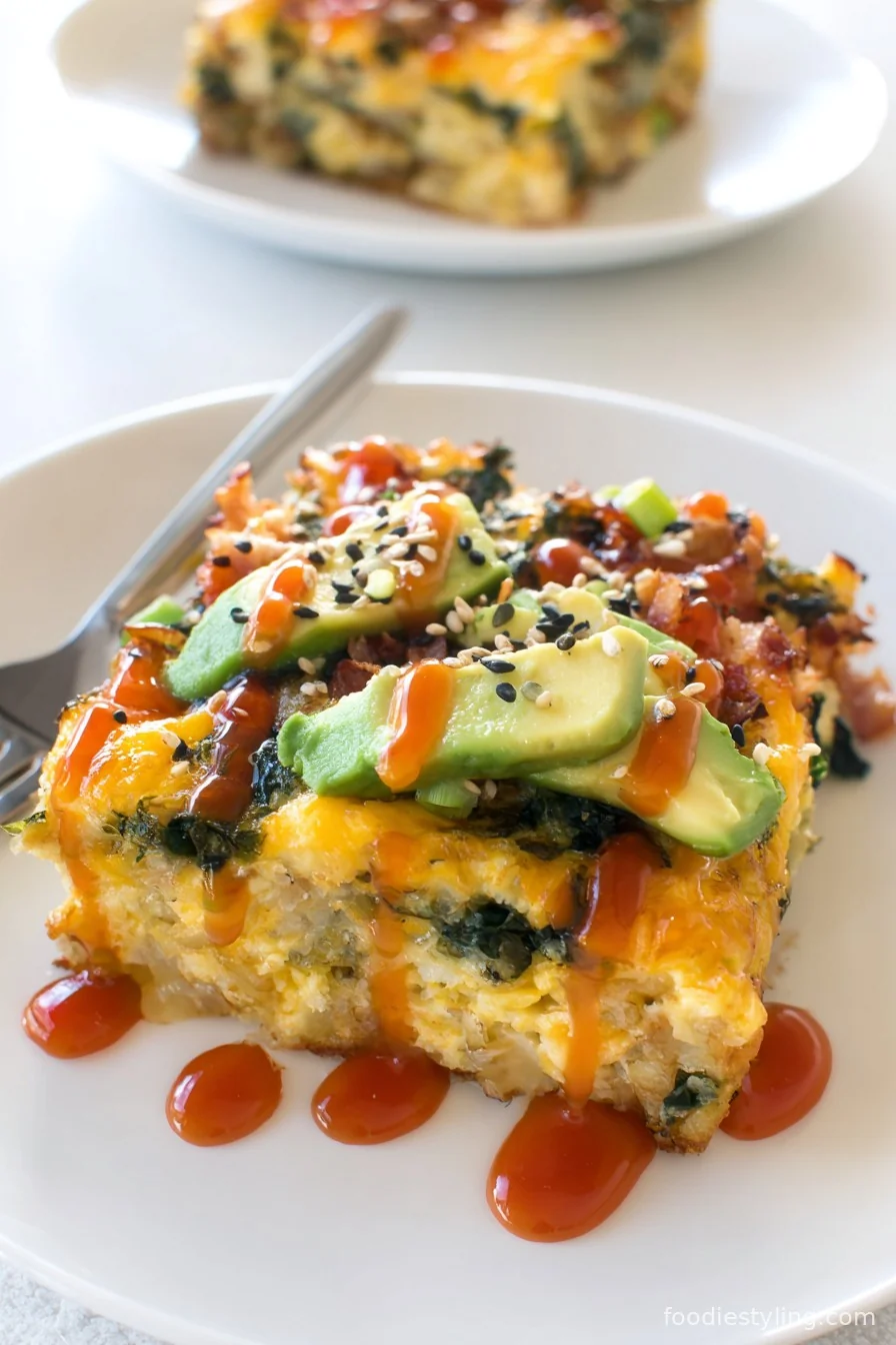 A slice of golden-brown Tater Tot Breakfast Casserole showing layers of eggs, sausage, and cheese