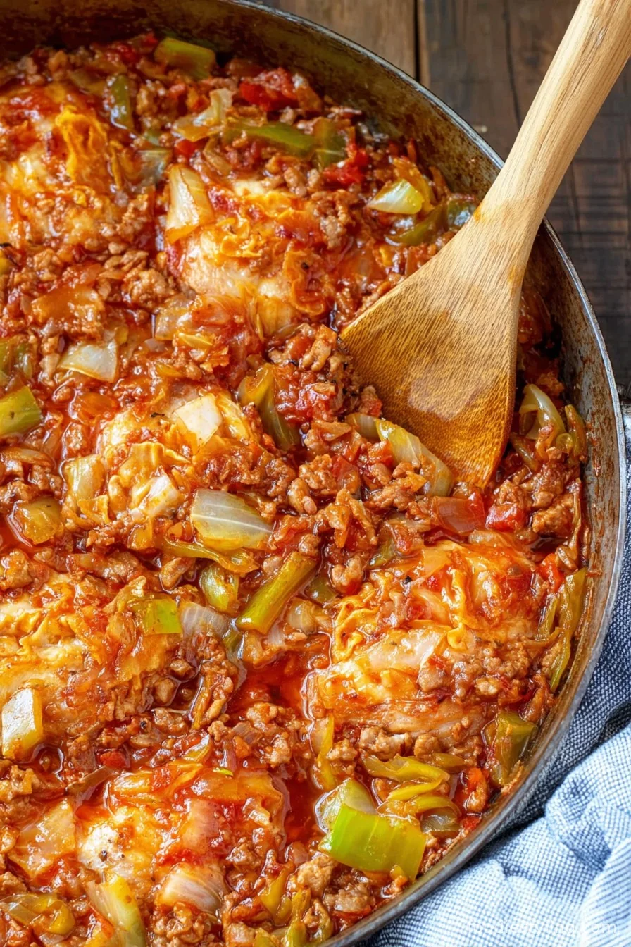 Unstuffed Cabbage Rolls in skillet, close up