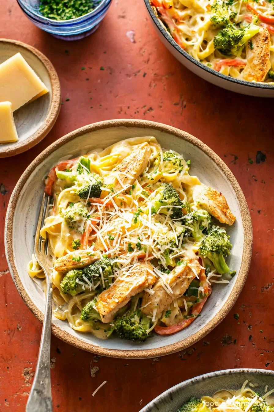 Cajun Chicken and Broccoli Alfredo served on a white plate with parsley garnish