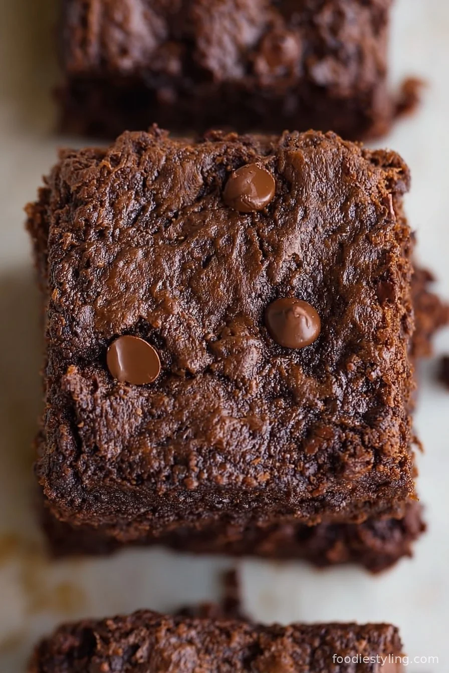 A stack of fudgy, shiny-topped vegan brownies on a parchment-lined tray