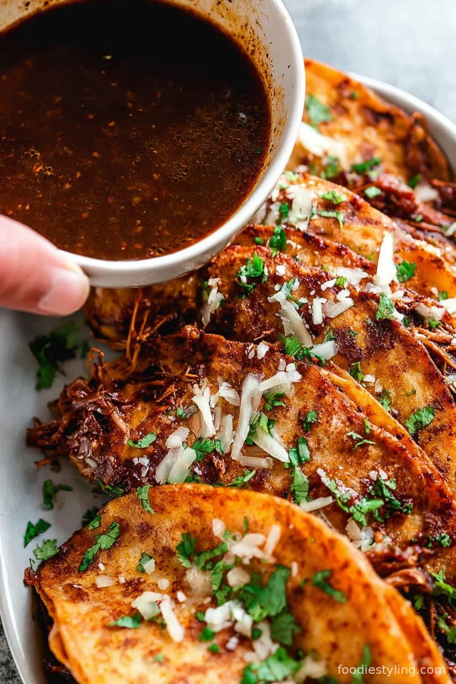 Juicy, crispy Birria Tacos dipped in consomÃ©, loaded with melty cheese