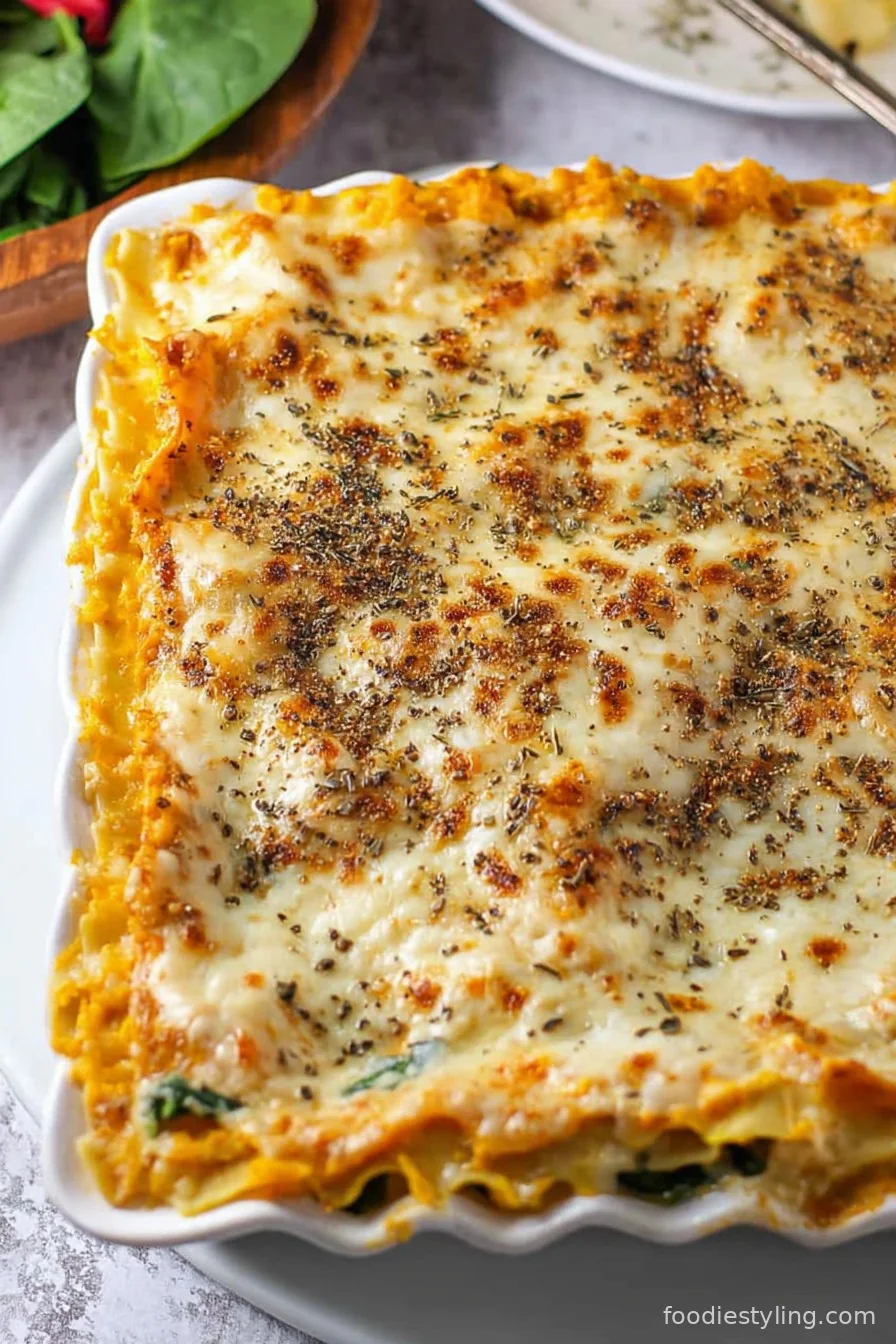 A bubbling golden slice of butternut squash lasagna layered with spinach and cheese.