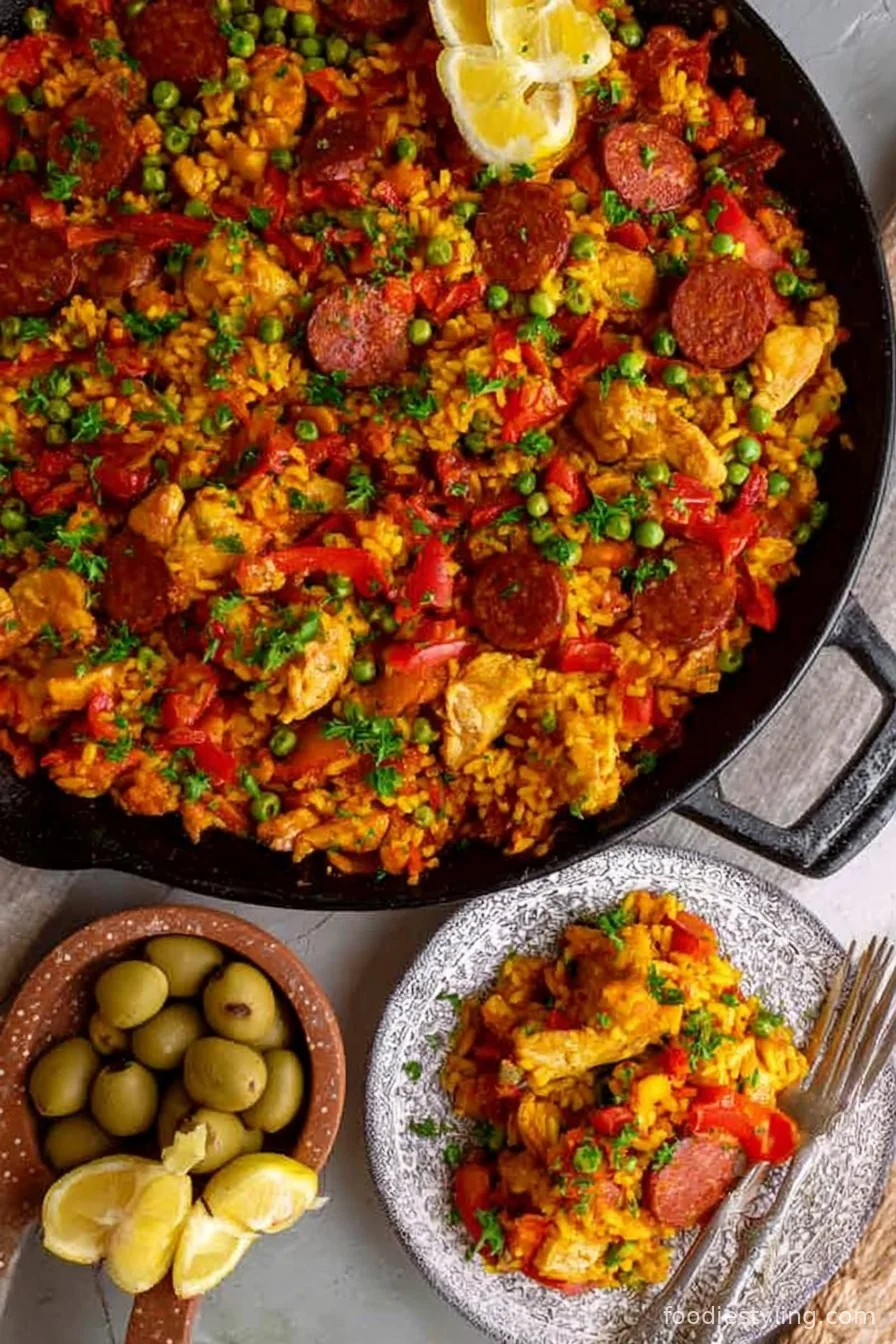 Golden chicken and smoky chorizo nestled in colorful paella rice