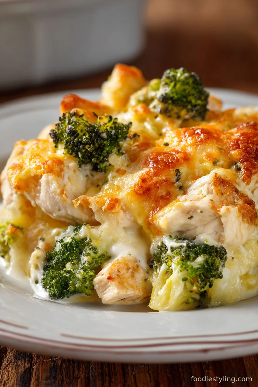 Creamy Chicken Broccoli Potato Casserole in white baking dish