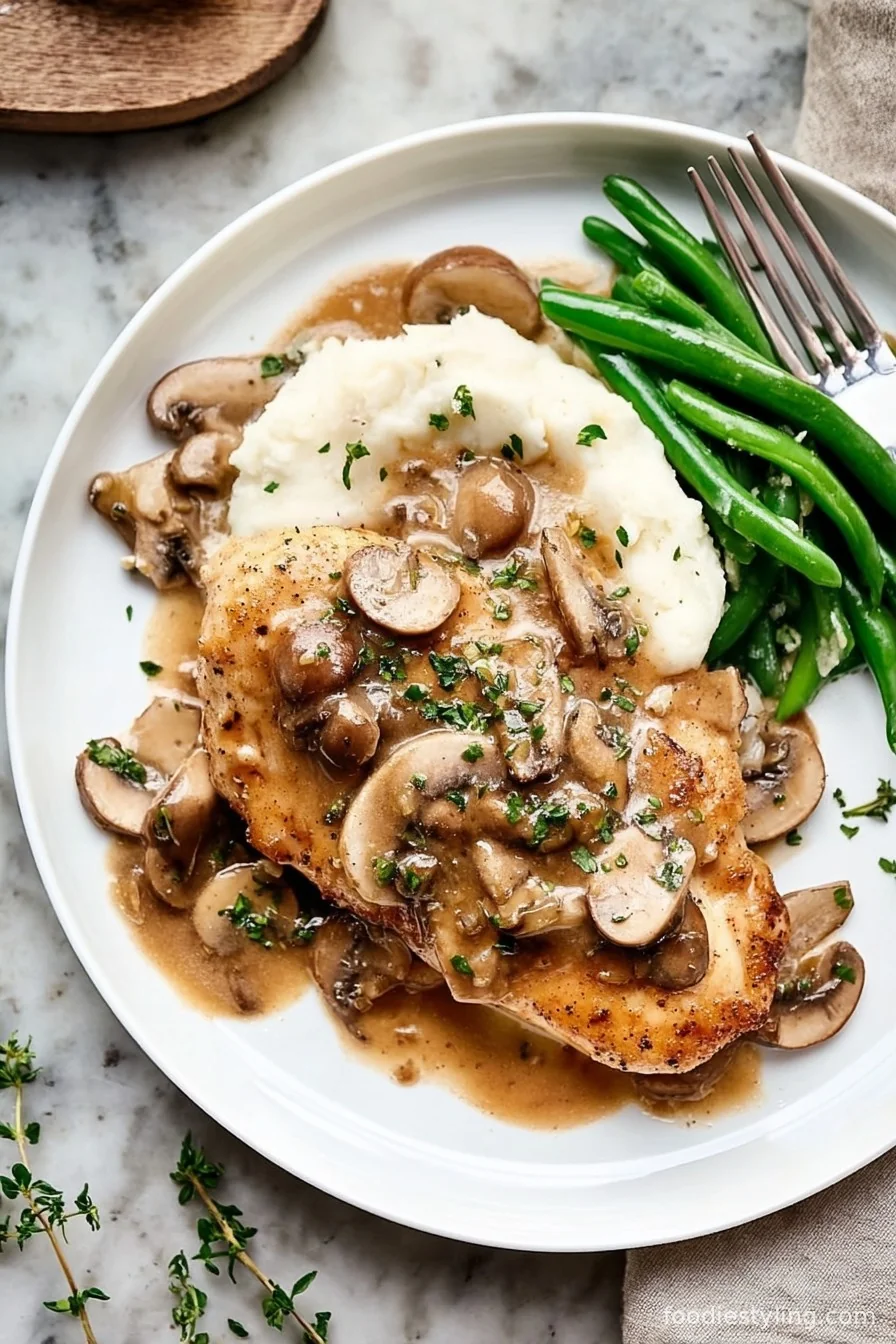 Chicken Marsala served in a skillet, topped with parsley