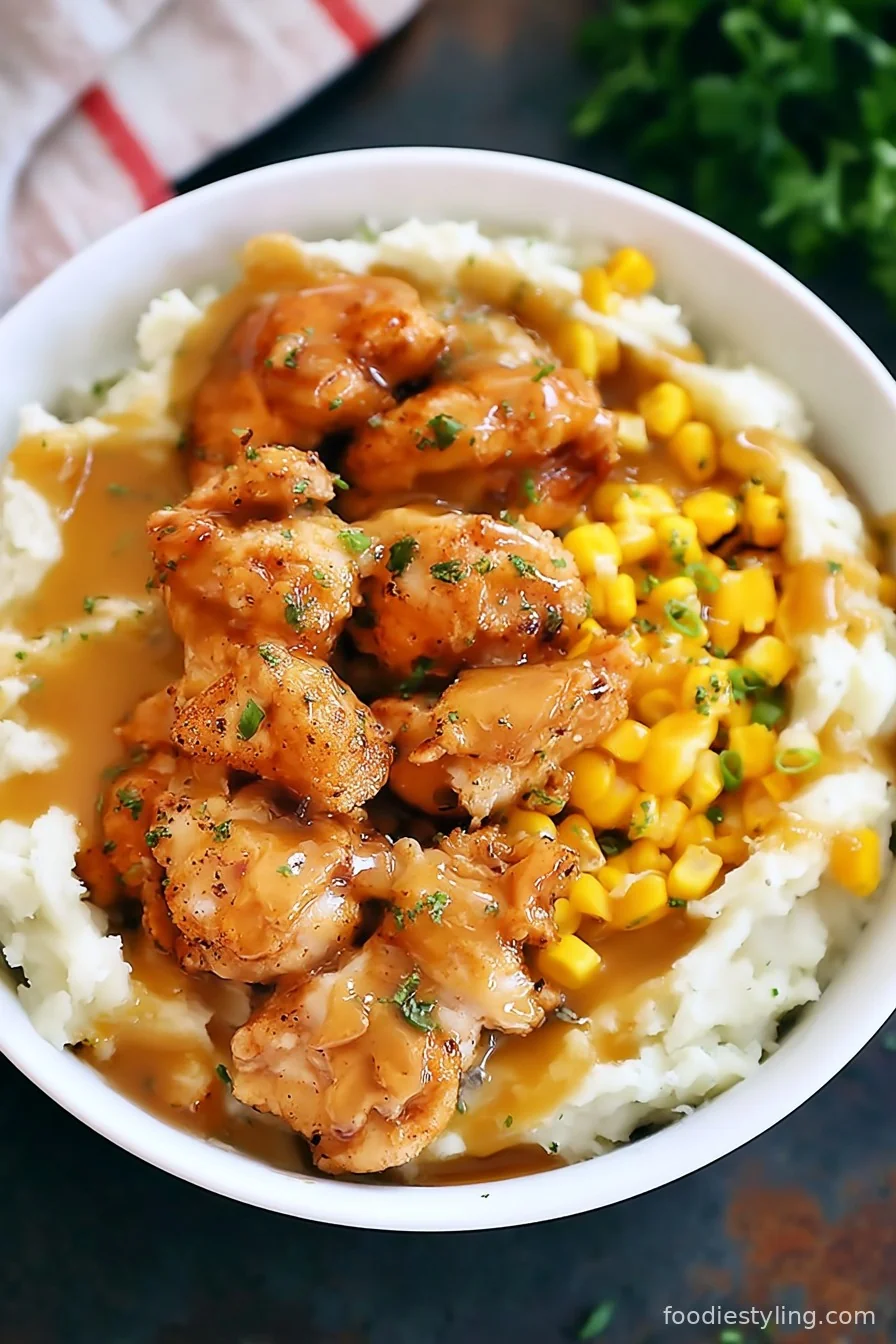 Bowl of creamy mashed potatoes topped with crispy chicken, cheese, corn, and gravy
