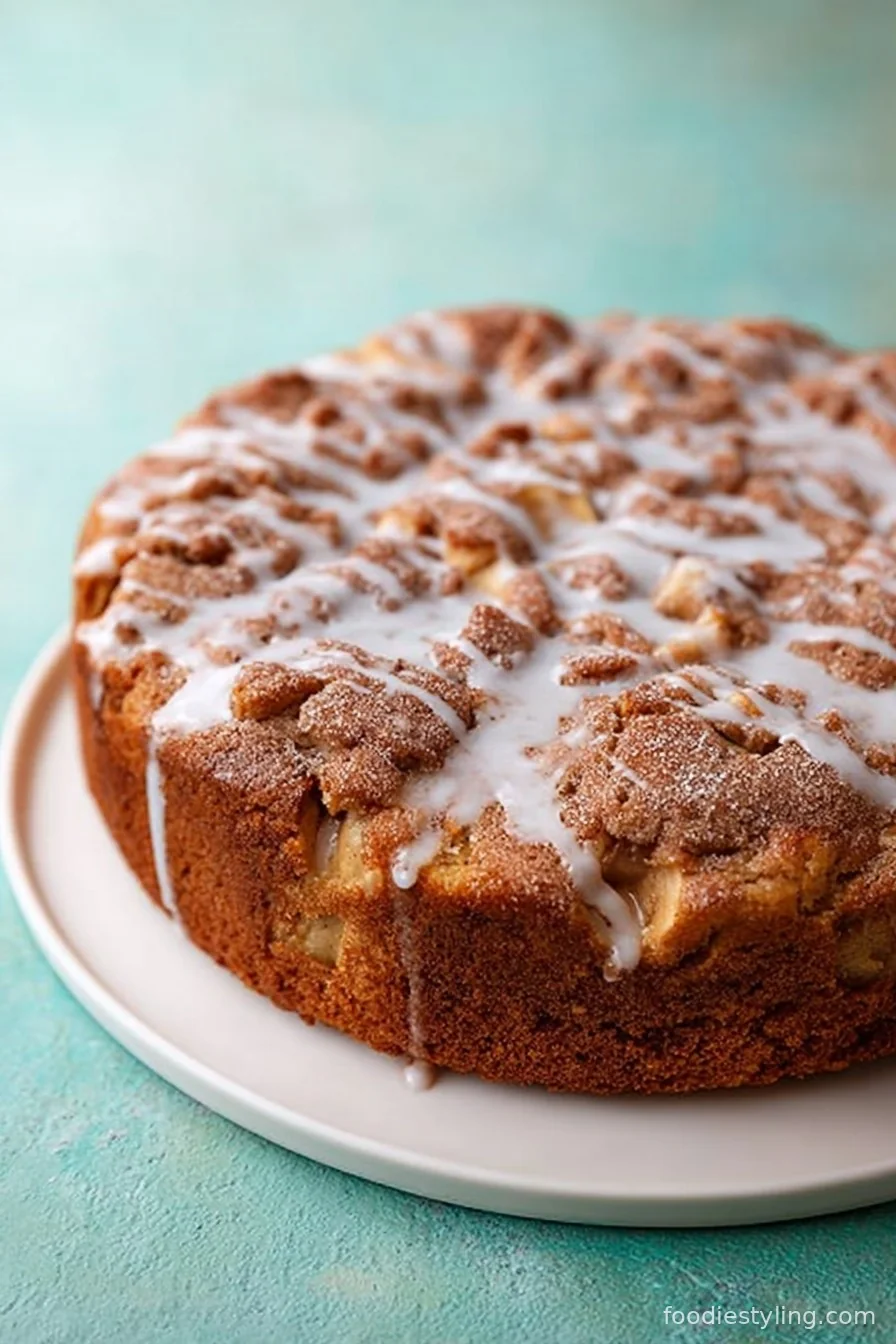 A moist homemade cinnamon apple cake with apples on top and a golden brown crumb