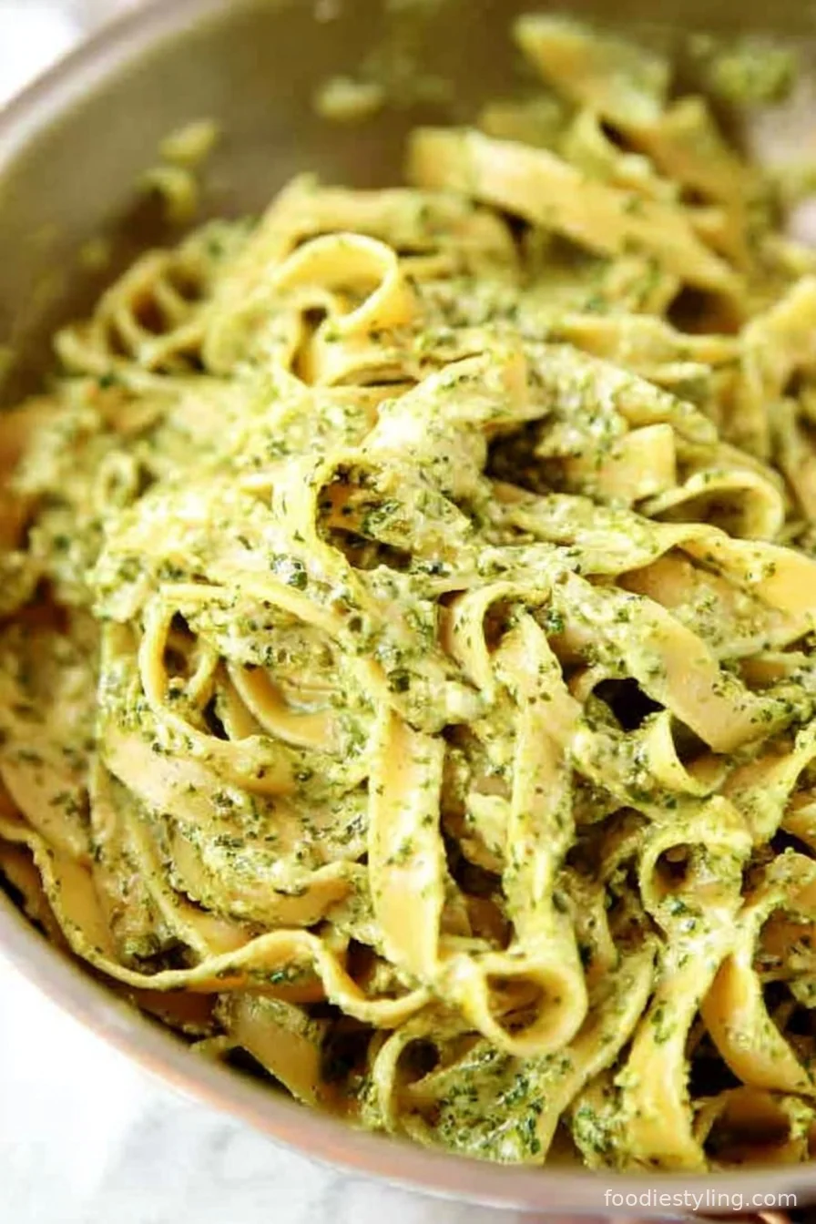A bowl of pasta coated in creamy pesto sauce with a sprinkle of fresh basil