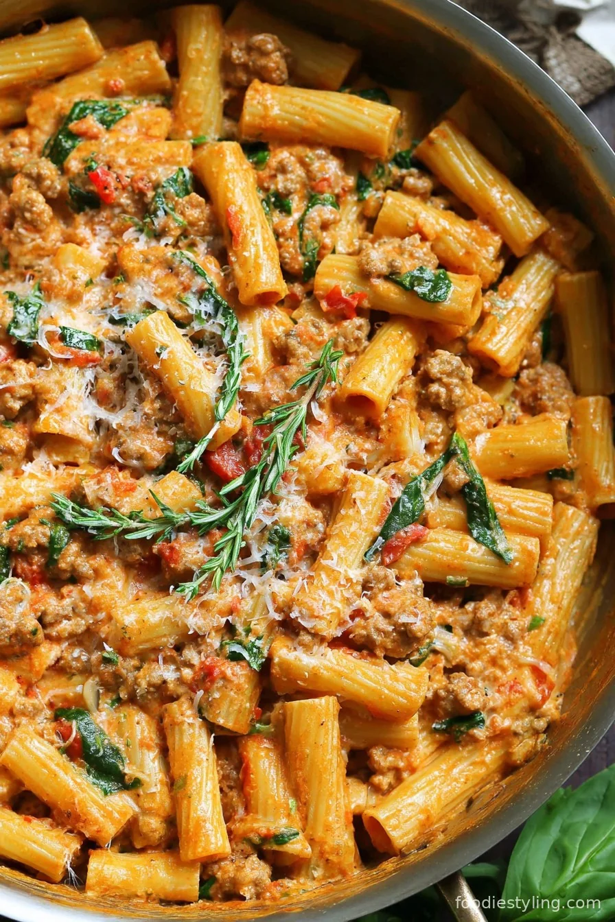 One-pot creamy sausage rigatoni in a skillet, garnished with parmesan and fresh basil