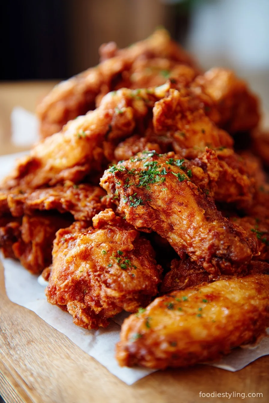 Golden, ultra-crispy fried chicken wings with sparkling batter, stacked on a plate, ready for dipping