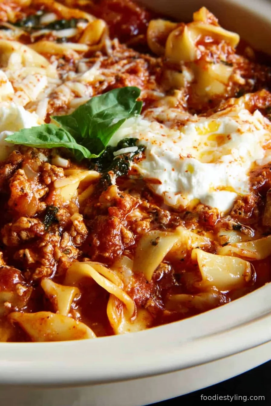 Rich and savory Crockpot Lasagna Soup in a bowl, topped with creamy ricotta and fresh basil