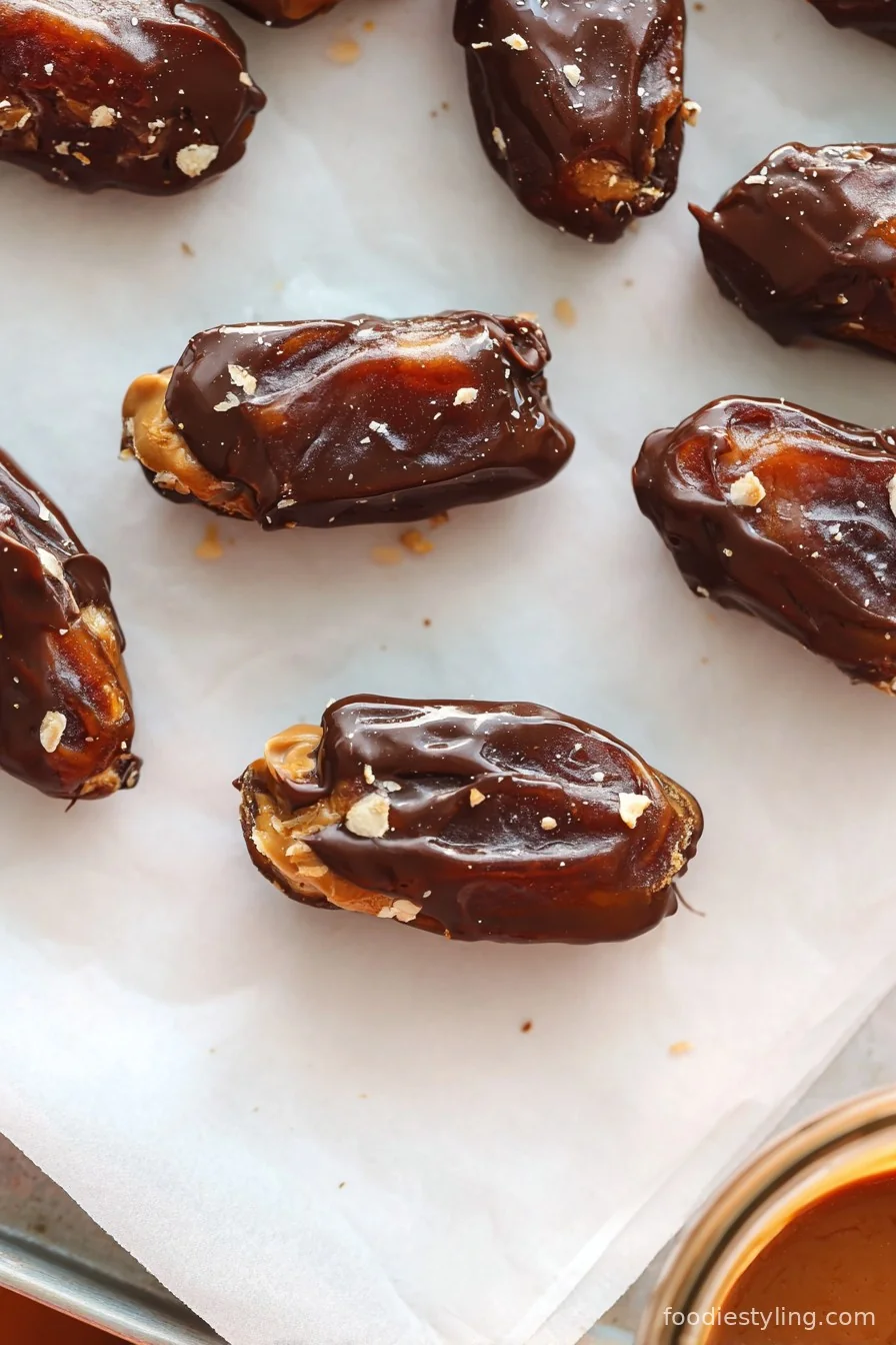 Chewy and chocolatey Date Snickers bars with a peanut butter filling