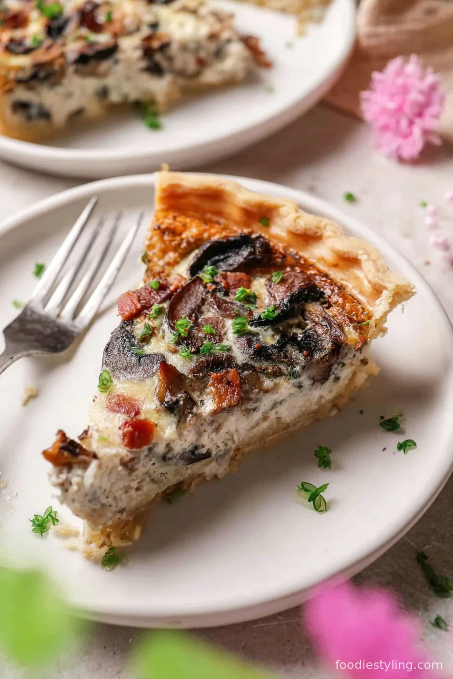Sliced quiche with crispy bacon and golden mushrooms