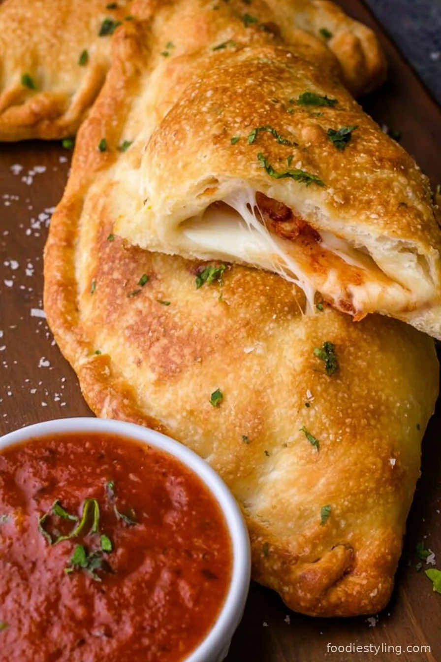 Golden, cheesy calzone cut in half showing oozing mozzarella and pepperoni