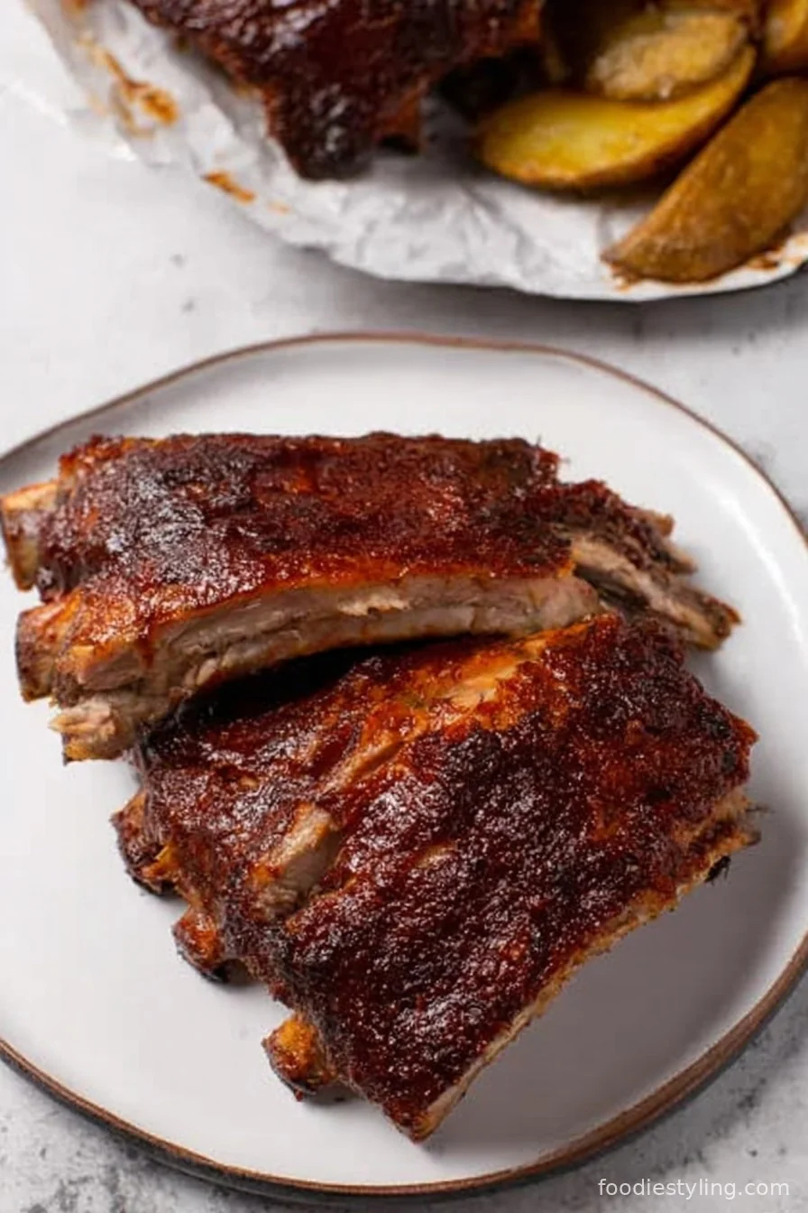 A rack of juicy, caramelized chipotle BBQ ribs on a cutting board with fresh herbs.