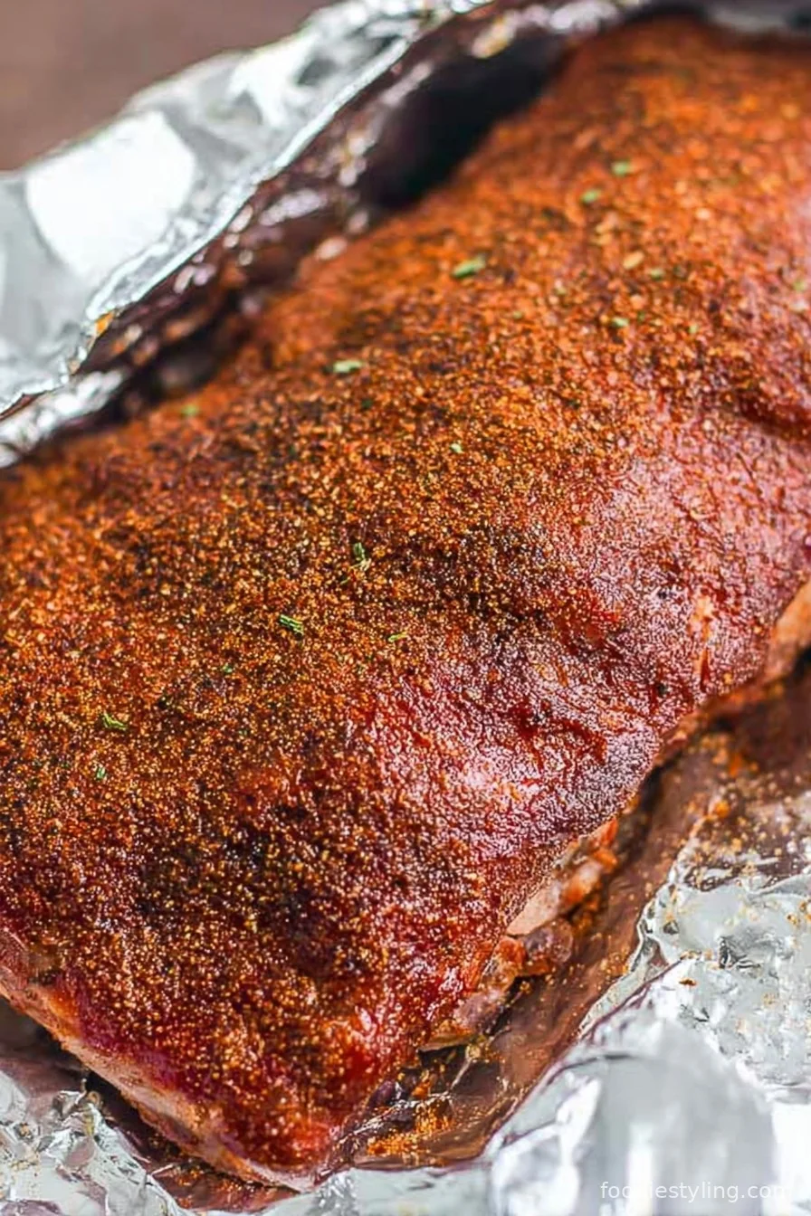 Fall off the bone ribs displayed on a rustic platter, lacquered with barbecue sauce and sprinkled with fresh herbs