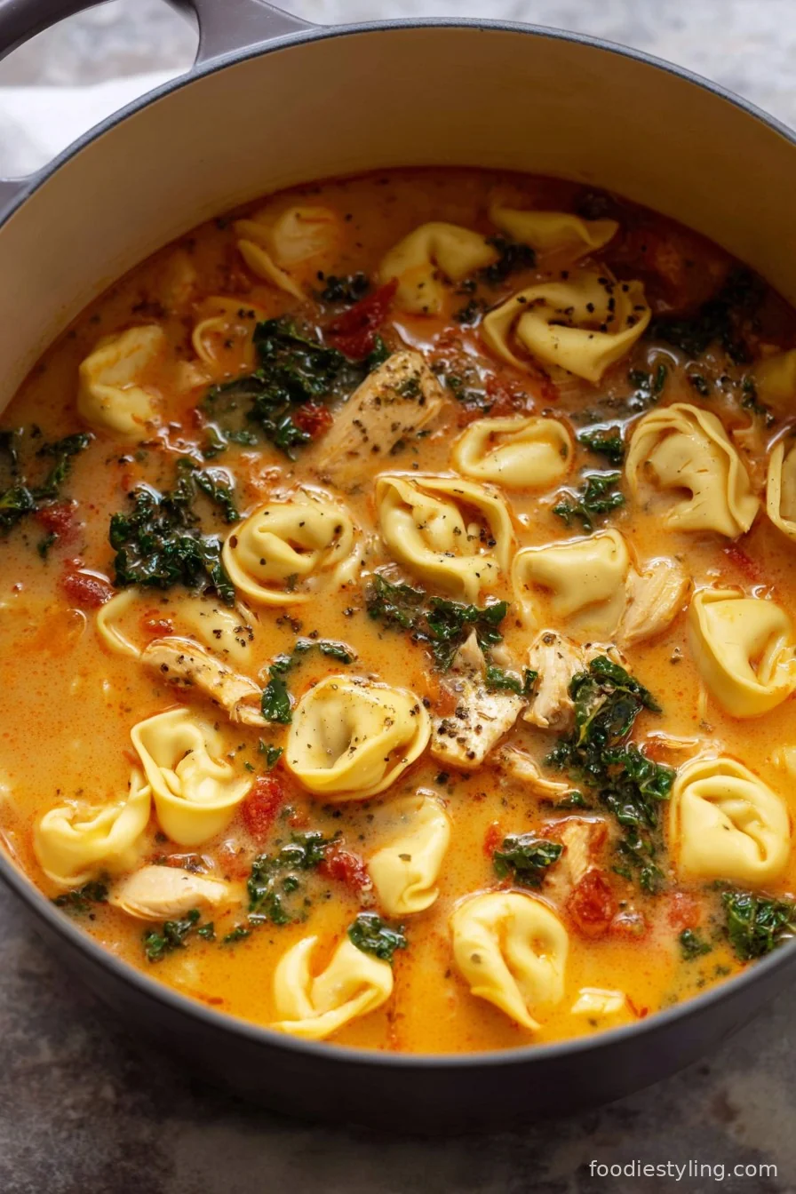 A steaming bowl of Fire Roasted Chicken Tortellini Soup with herbs sprinkled on top and a slice of crusty bread.