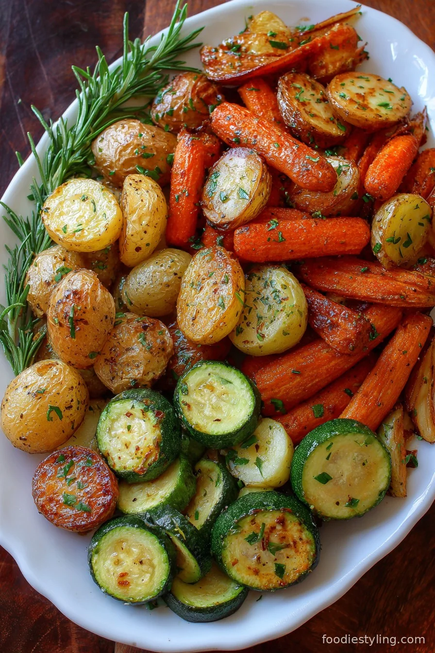 Platter of Garlic Herb Roasted Potatoes, Carrots, and Zucchini, garnished with parsley