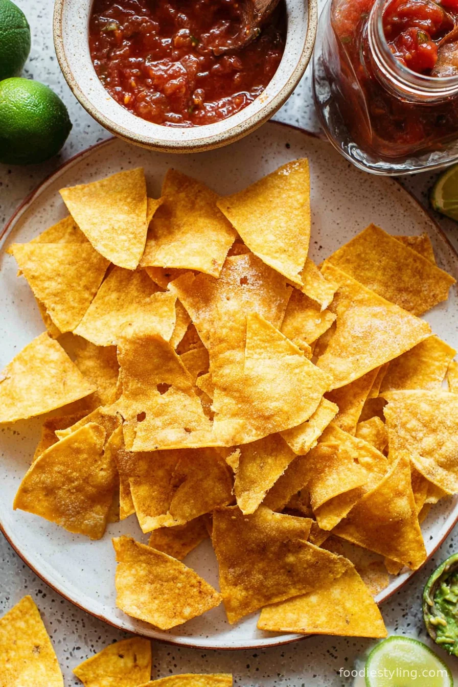 Crispy homemade tortilla chips with a bowl of salsa
