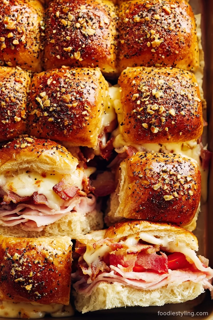 Juicy, cheesy sliders oozing with creamy sauce and golden bacon on a platter