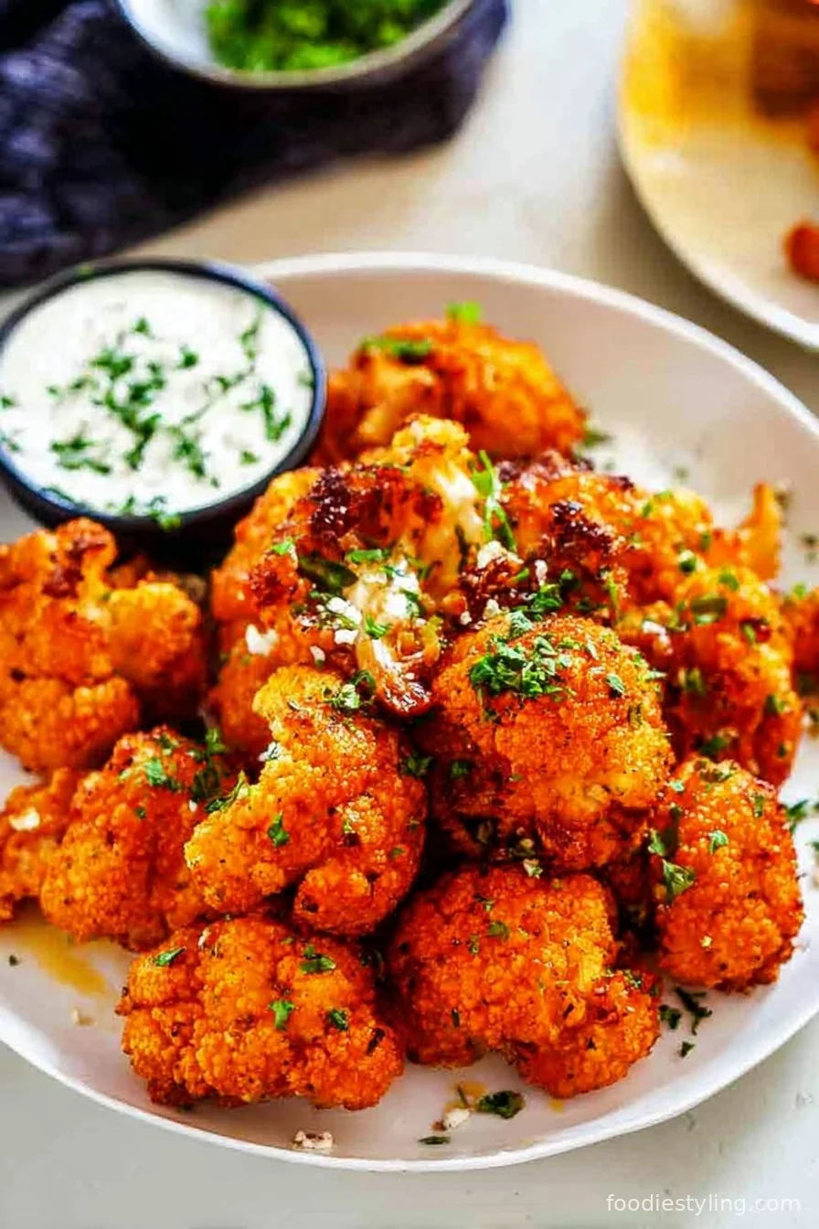 Golden, crispy Keto Cauliflower Wings served on a platter with celery sticks and ranch dip