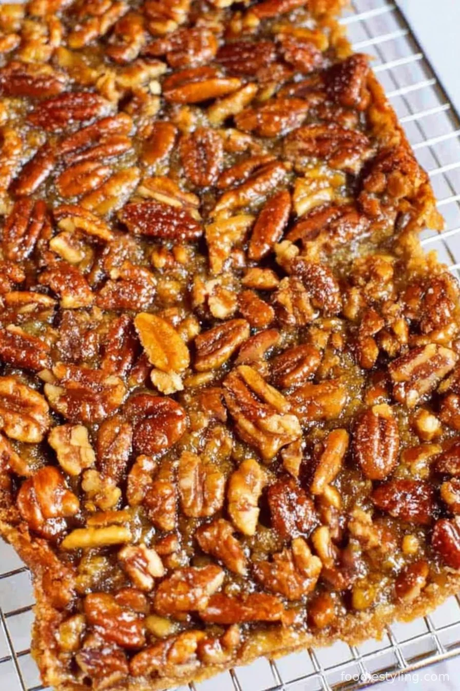 A tray of gooey, golden keto pecan pie bars with pecan halves on top