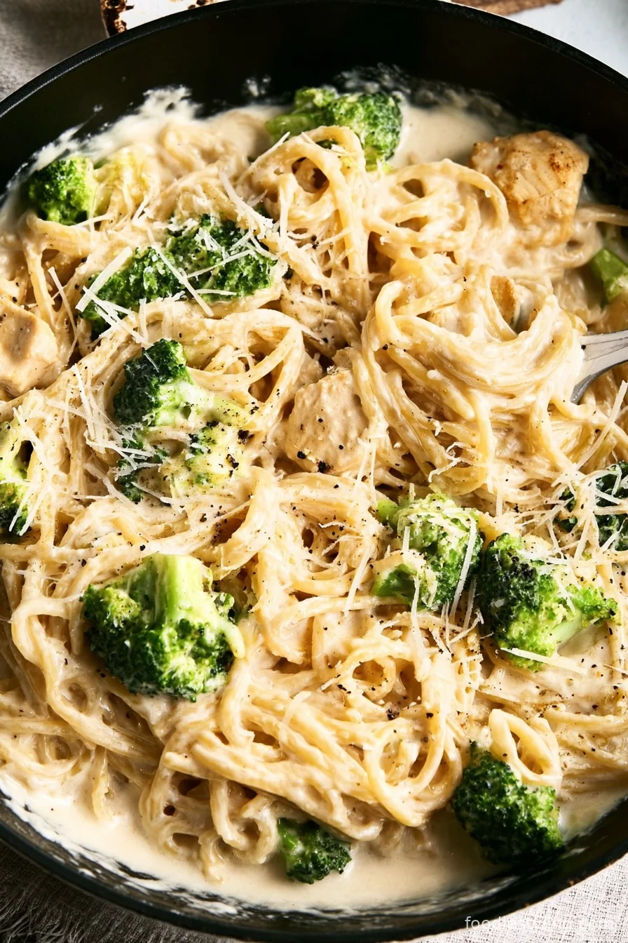 A bowl of creamy low calorie chicken alfredo garnished with parsley and black pepper