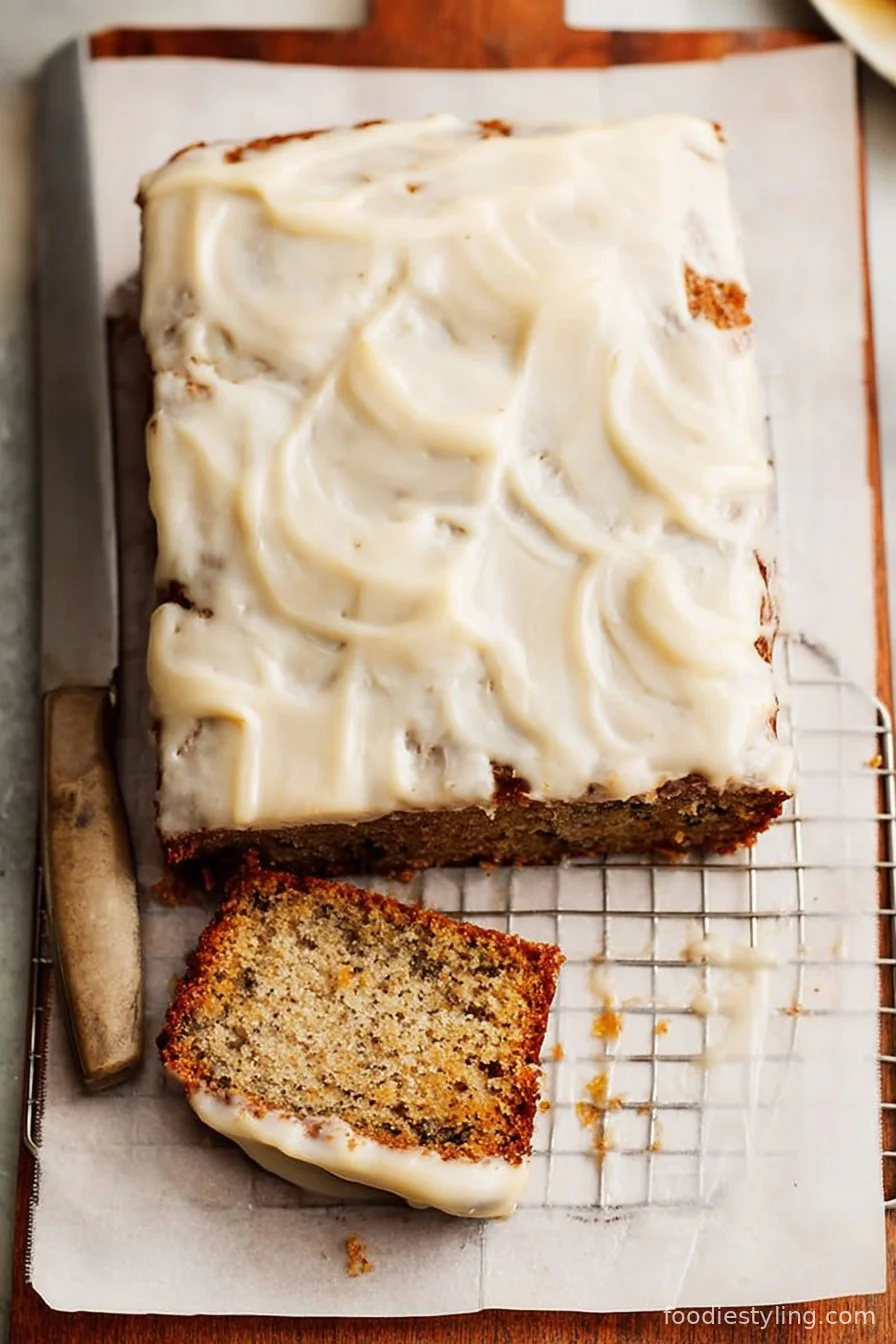 A rich, golden banana cake with a moist crumb, sliced on a serving plate