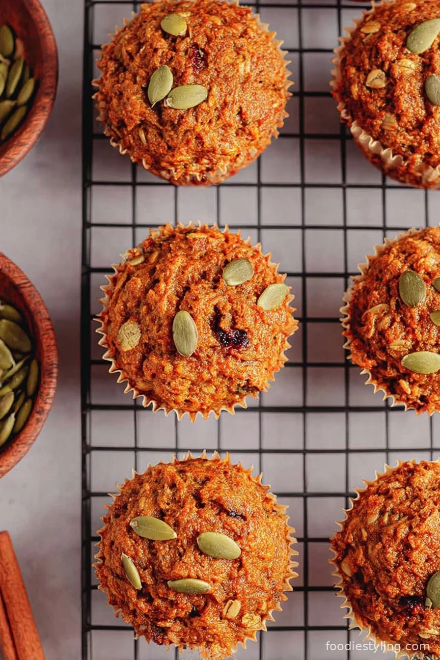 Freshly baked golden brown Morning Glory Muffins cooling on a wire rack