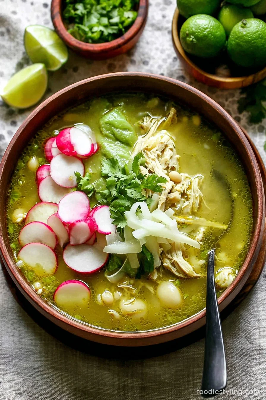 A vibrant bowl of Pozole Verde garnished with radishes, cilantro, and avocado